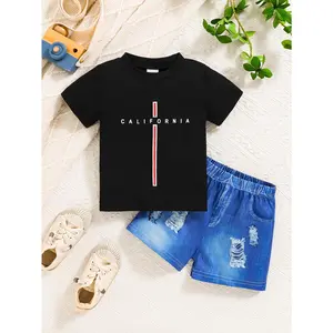 Ready STock 6m-3y Baby Boys Summer Letter Print Faux Denim 2-Piece Mystery Outfit, Short Sleeve T-Shirt & Shorts Set FE-P8081