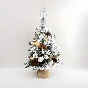 24 Inch Snowy Mini Christmas Tree, Small Tabletop Flocked Tree with LED Lights, Pine Cones, Balls, Star Tree Topper, Gift Box and Cloth Bag Base, Xmas Decorations (Christmas Tree)