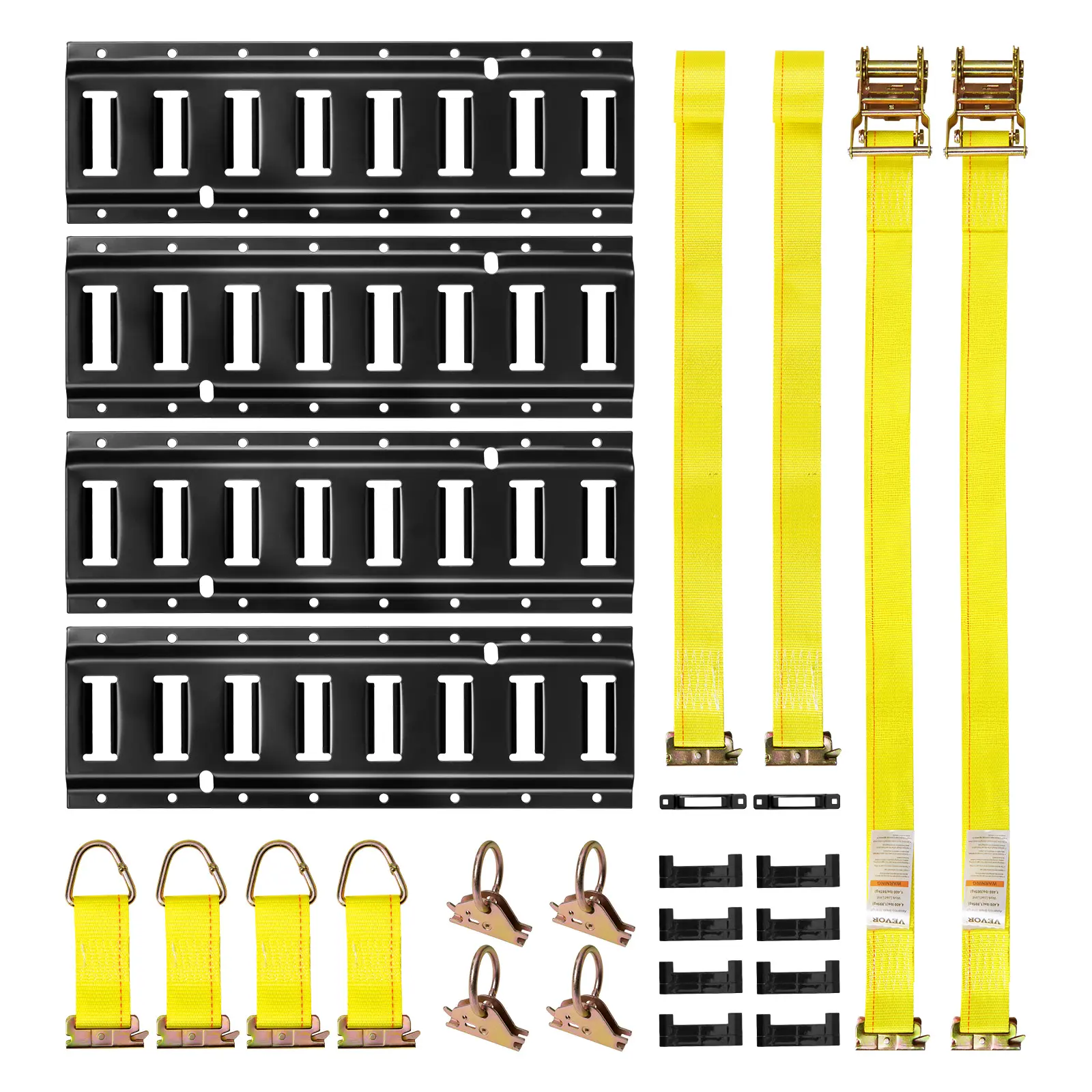【DealsForYouDays】VEVOR E-Track Tie-Down Rail Kit,4 Pack 1.3 ft E Tracks Set21 Pcs Includes 2 Ratchet Straps & 4 O-Rings & 4 Tie-Offs with D-Ring & 2 Single Slots & 8 End Caps & 1 BagFit for Garages Vans Trailers