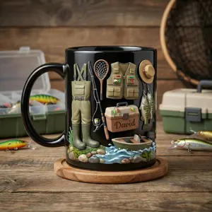 Custom Name Fishing Mug 2D Printed 3D Effect Fishing Lures Accent Coffee Cup, Personalized Gift for Dad Grandpa Fisherman, Durable Ceramic Mug for Fishing Lover Outdoor Enthusiast, Father’s Day Birthday Appreciation Gift Idea for Him