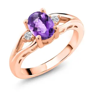 Gem Stone King Gemstone Birthstone and Lab Grown Diamond 3-Stone Engagement Ring for Women | 18K Rose Gold Plated Silver | Oval 8X6MM and Round 2MM | Elegant Three-Stone Wedding Anniversary Promise Ring | Sizes 5-9