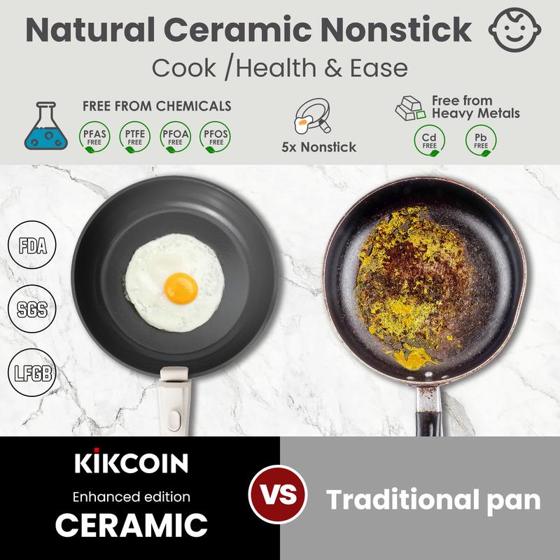 [Game-changer]Kikcoin Non-Toxic Nonstick Ceramic Pro 22pcs pots and pans set complete Cookware Set with Lids,Detachable Handle,PFAS-Free,Dishwasher Oven Safe,Kitchen Outdoor Induction Compatible Stackable Healthy Easy Care