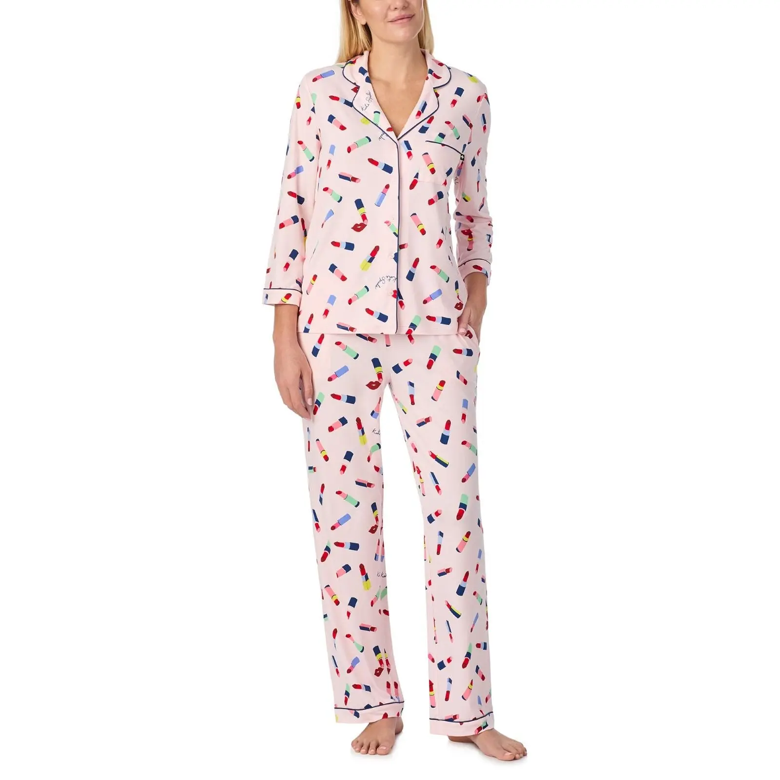 Women's 2-Piece Solid Brushed Jersey Pajama Set - Long Sleeve Notch Collar Top, Knit Pants for Loungewear & Nightwear