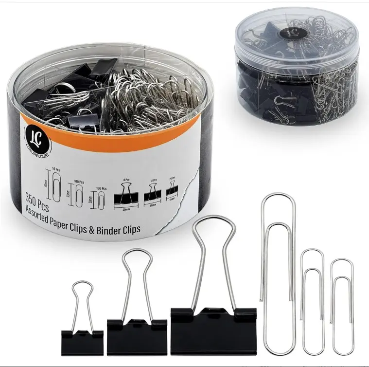 350 Pack Paper Clips and Binder Clips Set by Luxurecourt - Binders & Paperclips Assorted Sizes in Container, Silver Paper Clips & Black Binder clips