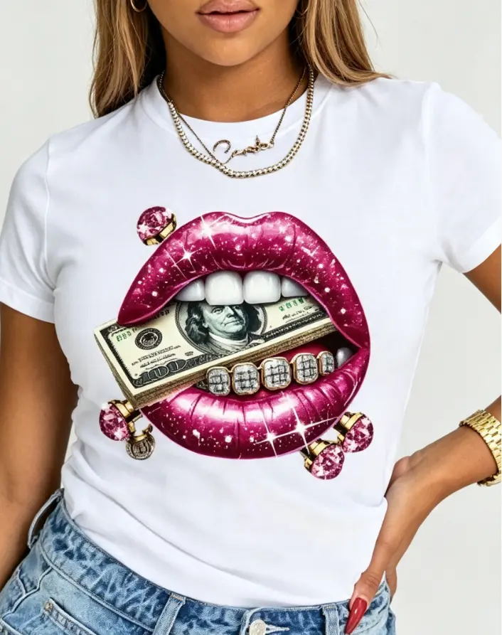 Pretty Lips And Diamonds And Gems And Dollars Graphic Print Short Sleeve T-Shirt, Casual Crew Neck Top for Spring And Summer, Women'S Clothing
