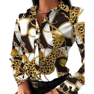 Buchona women’s blouse/dress shirt — sexy, dressy casual, colorful print, long sleeves, lapel, button-down; can be worn with a raincoat