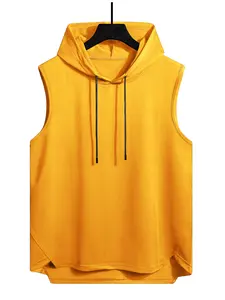 Men’s summer sports casual loose drawstring hooded tank top/vest with high-low hem; solid color, stylish and versatile for everyday wear; premium quality.
