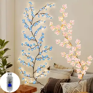1pc 96LED Blue Cherry Blossom Branch Light, DIY Kit with 8 Modes, USB Powered, Plastic Material, Ideal for Romantic Room Decor, Weddings, Bedroom, Living Room, Corridor