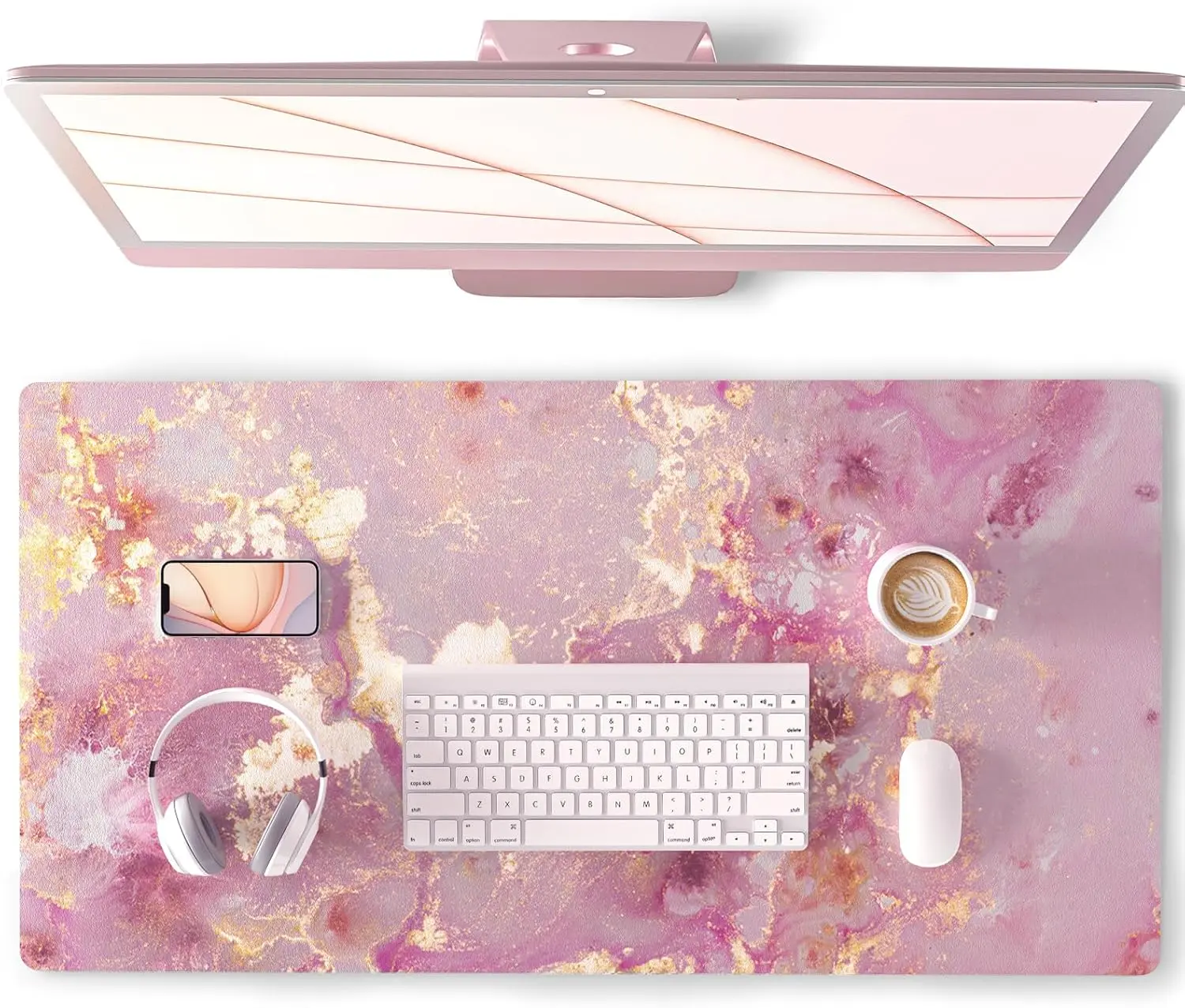 Extended Aesthetic PU Leather Desk Mat, Large Blush Pink Fabric Mouse Pad with Durable Stitched Edges, Waterproof Desk Protector for Home Office