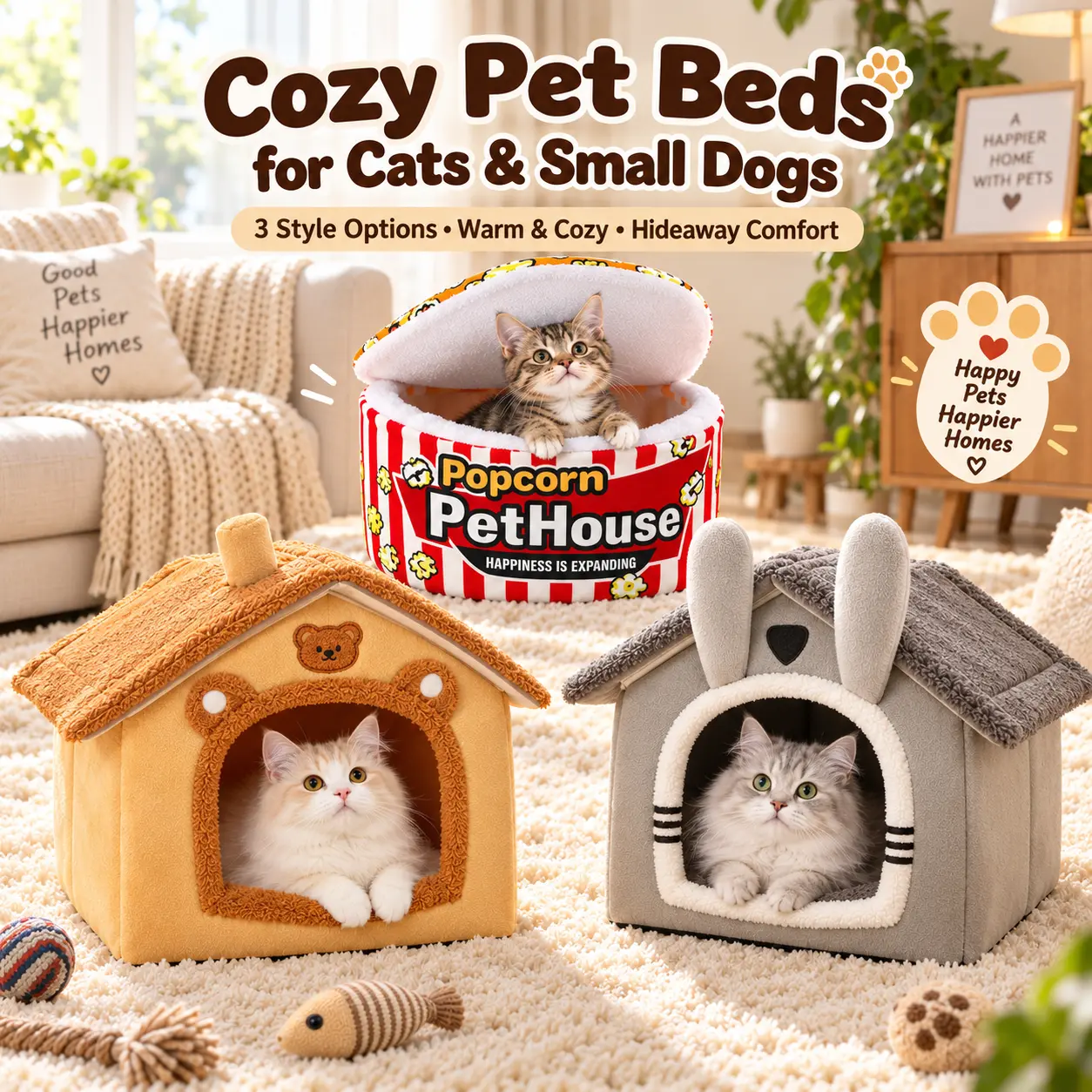 Enclosed Soft Plush Popcorn-Style Animal Bed for Indoor Cats & Small Dogs, Removable Cover Warm Hideaway House for Kittens & Puppies, Popcorn/Animal