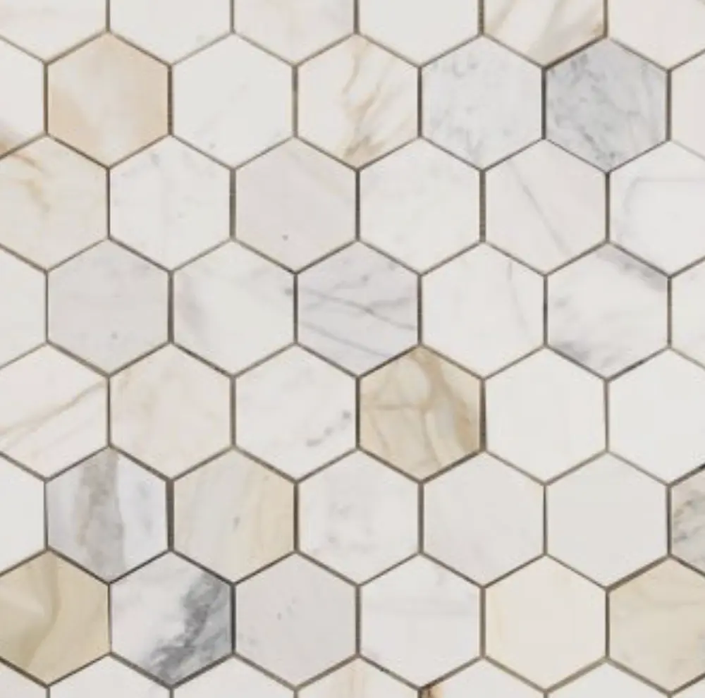 New | Three Inch Hexagon | White, Gray & Gold | Mosaic Sheet Tile | Walls, Interior Floors & Showers