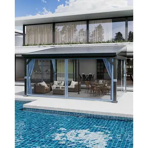 Garvee 10 ft x14 ft Wall-Mounted Hardtop Gazebo with Curtains & Net | Lean-to Pergola with Galvanized Steel Roof | Outdoor Patio Shelter for Deck, Backyard, Porch