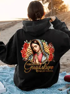 [Guadalupe Icon Apparel] Women's Mexican Folk Art & Our Lady of Guadalupe Print Hoodie - Golden Spanish Text "Virgen Morena", Black Casual Sweatshirt, All-Season Hooded Pullover for Guadalupe Icon Apparel Hoodie
