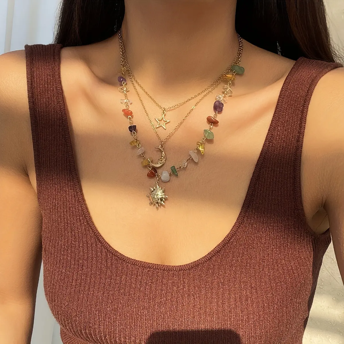 Vintage Bohemian Pendant Necklace - Three-Piece Set with Sunflower, Moon & Starfish Pendants, Natural Shape Beads, Suitable for Daily & Holiday Wear Boho Style Beaded