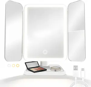 Lighted Makeup Mirror with 3X Magnification, 3 Color Lights & Touch Sensor - Rechargeable Trifold Vanity Mirror for Travel, Desk, Home Use