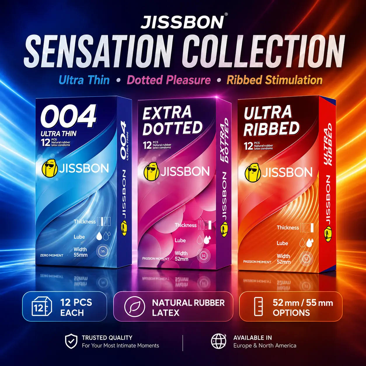 Jissbon 3-in-1 Condom Variety Pack, 36 Counts, Ultra Thin, Dotted & Ribbed Styles, Condoms for Men