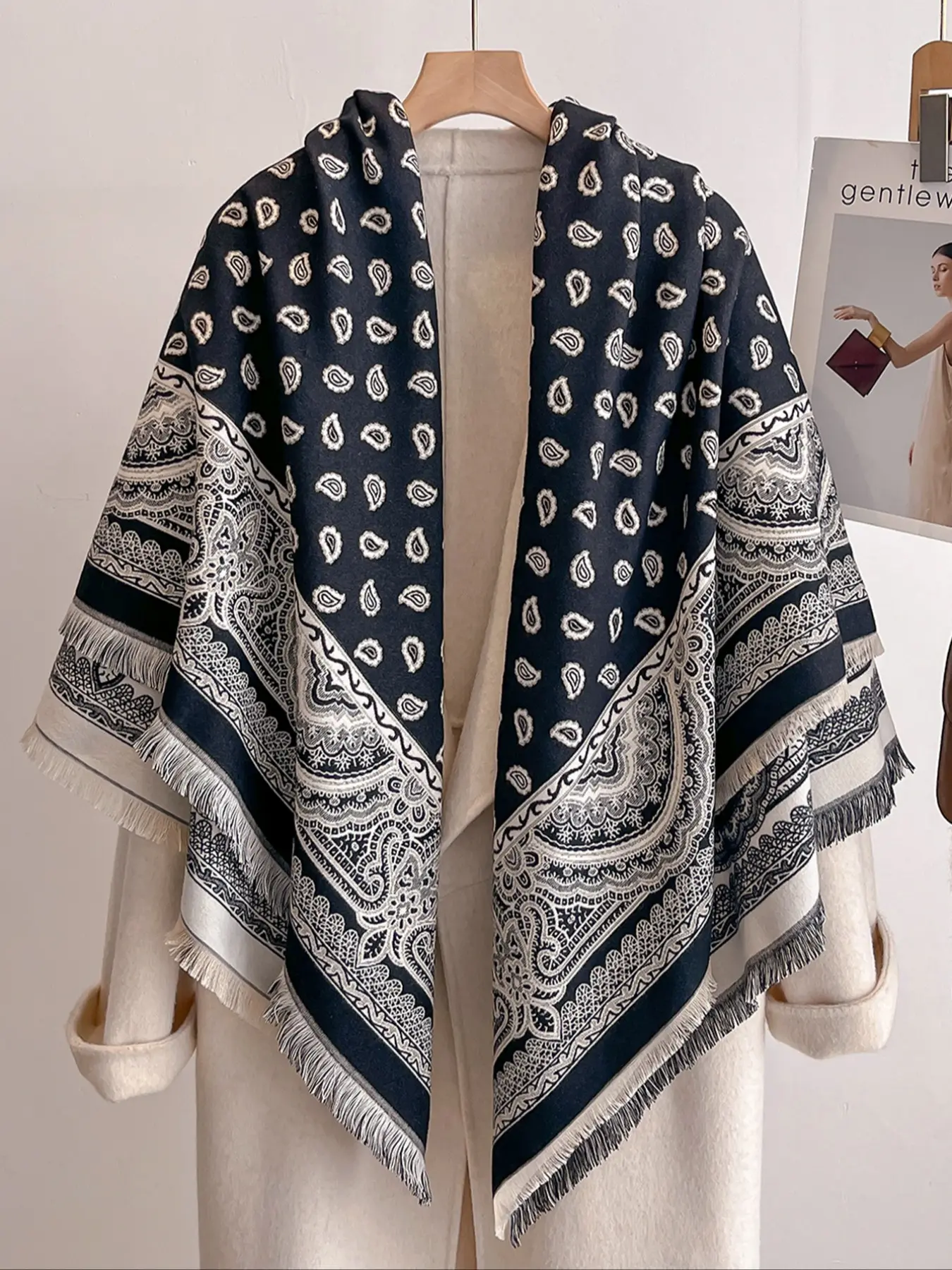 Women's Boho Style Scarf, Unique Plant Print Thick Imitation Wool Shawl, Fitted Woven Fabric, Fall & Winter Daily Wear Warm Accessory