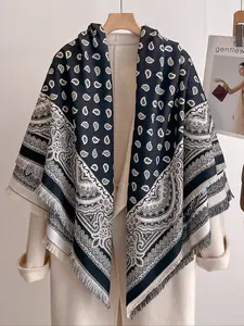 Women's Boho Style Scarf, Unique Plant Print Thick Imitation Wool Shawl, Fitted Woven Fabric, Fall & Winter Daily Wear Warm Accessory