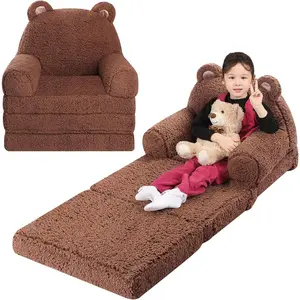 Foldable Sofa for , Sherpa Teddy Bear  Couch With Tri Folding  Cushions, Comfy for Ages 3-6