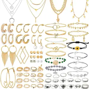 Jewley Bracelt Earings Necklace Pendents Set with Gold and Silver Tones for Women Fashion Accessories