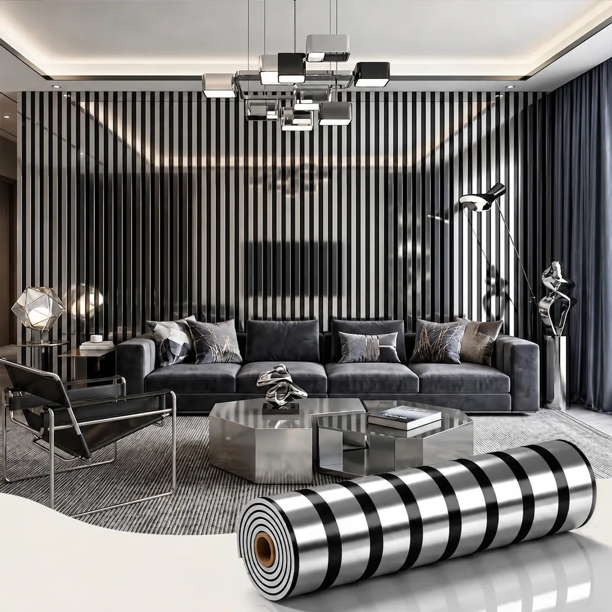 1 Roll Gold/Silver Foil Wide Striped Wallpaper, Self-Adhesive PVC slat wallpaper, 2 mm thick mirror-reflective finish, waterproof & wear-resistant wall covering for TV walls, living rooms, bedrooms & commercial spaces
