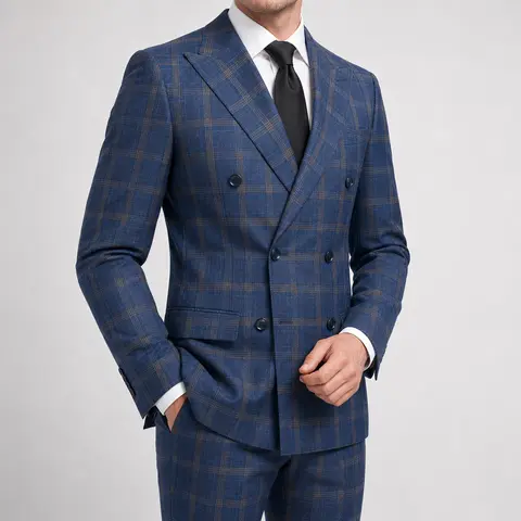 Gianco Ferro Men's 2-Piece Checked Blazer Set - Smart Fit Double-Breasted Medium Length Long Sleeve Lapel Blazer, TR Stretch Polyester Fabric Dress Pants, Button Design, Semi Formal for Weddings, All Seasons, Dry Clean Compatible Plaid Menswear