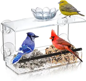 Window Bird Feeder 10" x 4" x 5" for Outdoors-Clear Acrylic Window Bird Feeders with Strong Suction Cups and Removable Seed Tray,Transparent Birdhouse for Viewing Wild Birds, Ideal Outside Gardening Gifts