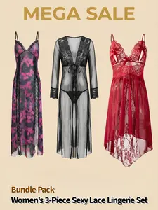 Women's 3-Piece Sexy Lace Sleepwear Bundle – Sheer Mesh Babydoll Lingerie Set