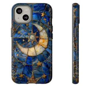 Celestial Stained Glass Moon & Stars Phone Case for iPhone 11-16. Starry Night Sky Design. Mystic aesthetic, spiritual gifts, unique phone.