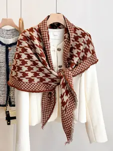 Classic Houndstooth Fringe Triangle Shawl, Fashionable Solid Color Scarf Accessory, Multi-Purpose Outdoor Activity Wear, All-Season Stylish Match, Fringe Trim Shawl