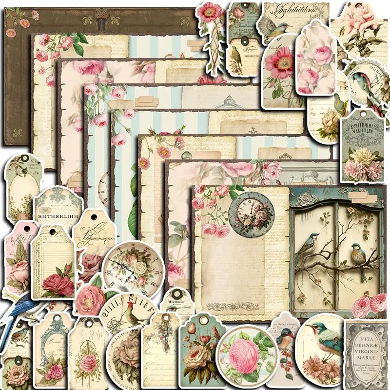 38pcs/set 30pcs Retro Floral Plant Pattern Sticker & 8 Sheets Material Paper, Diy Decorative Sticker For Scrapbooking & Journal Making