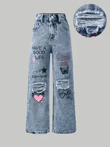 Trendy Print Ripped Jeans, Cute Loose-Fit Straight Leg, Elastic Waist, Comfortable Fashion for Kids, All Seasons, Casual Comfy Jeans