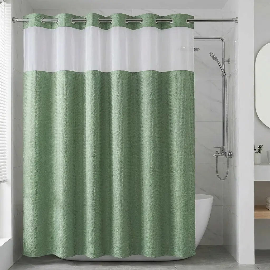 Green Hookless Shower Curtain with Snap-in Fabric Liner Sheer Window Waterproof Double Layer Hotel Style 72"x75" for Modern Bathrooms Green Double Layer Shower Curtain Set Green Double Layer Shower Curtain Set