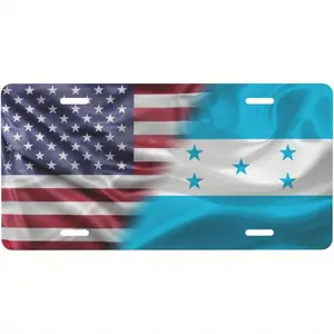 USA American Flag and Honduras Flag Decorative License Plate Aluminum Sign Metal 4 Holes Car Front Frame Tag 6 X 12in A19