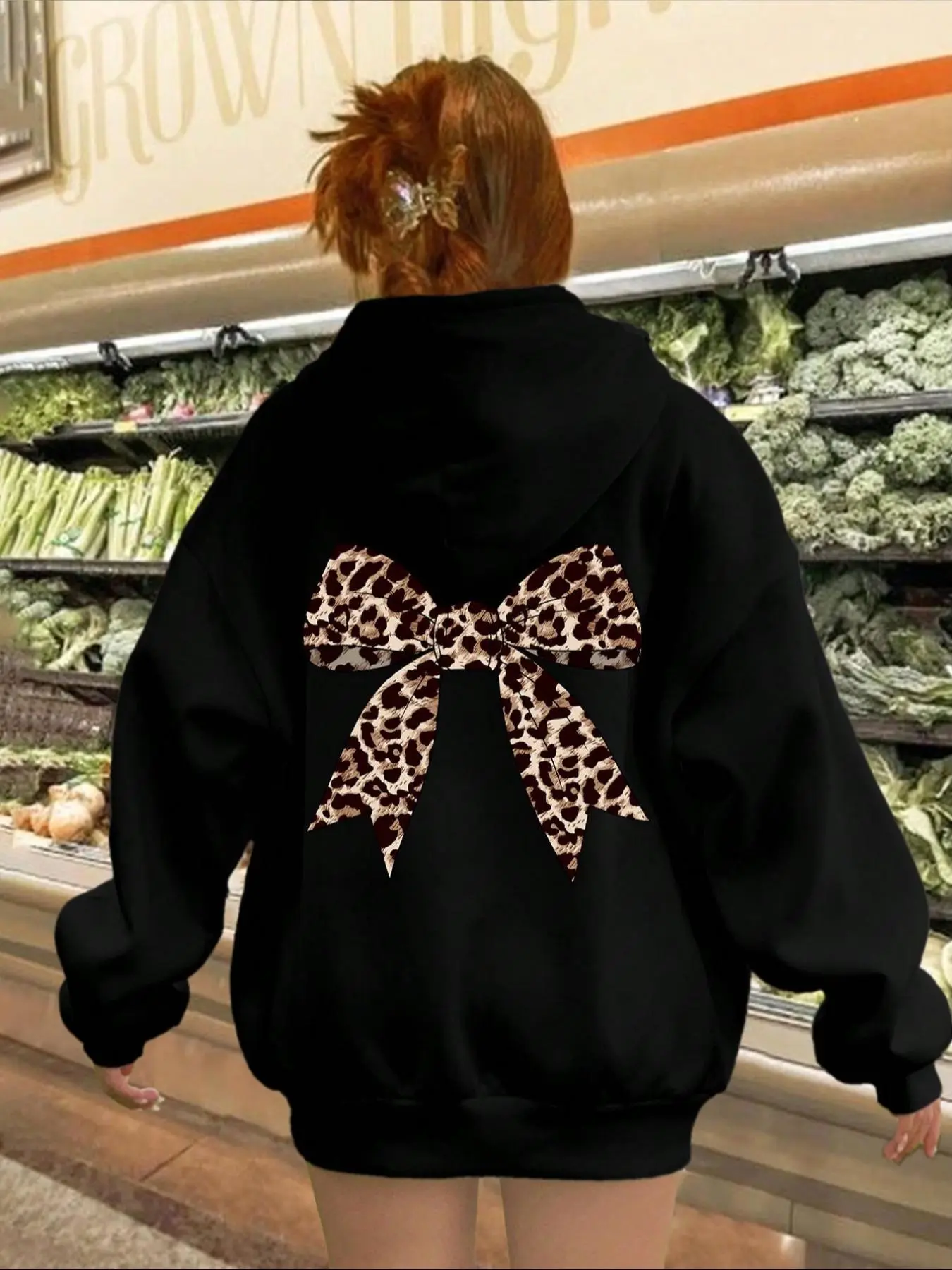 Women's Leopard Bowknot Print Drop Shoulder Thermal Lined Long Sleeve Hoodie, Fashion Casual Drawstring Pocket Hooded Sweatshirt for Daily Holiday Outdoor Wear, Women Clothing for Fall & Winter
