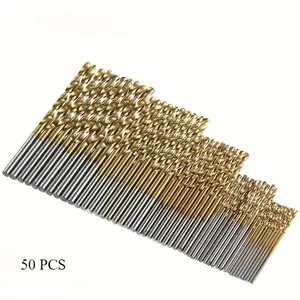 Titanium-Coated Drill Bits Set 50 Pieces High-Speed Steel 1/1.5/2/2.5/3mm for Metal & Wood Drilling Tools with Round Shank & Spiral Flute Design