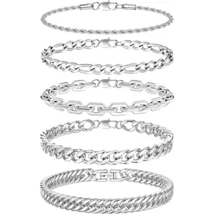 CASSIECA 5Pcs Chain Bracelet for Men Women-Stainless Steel Mens Bracelets Cuban Link Chain Silver Tone Hip Hop Curb Bracelet Set Men's Jewellery Gifts 21/23CM Men's Accessories, Stackable Bracelets, Daily Summervibes