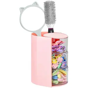 Hair Accessories Organizer with Hair Brush Holder, Rotatable Makeup Brush and Jewelry Storage Box for Hair Clips, Earrings, Necklaces, Bracelets, Rings, and Daily Accessories (Pink, 3-Layer)