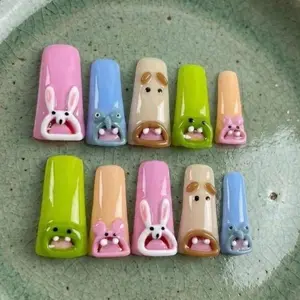Pastel Pink Blue Green Duck Nails Press On Nail with Bunny and Piggy Designs, Sweet Fake Nail for Daily Outfits School Looks or Spring Dates