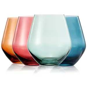 Khen - Colored Muted Colored Glasses - Water & Wine | Set of 4 | Pastel Muted Crystal Glassware, Goblet Cocktails, Red & White, Dinner Color Beautiful - Stemless Wine Glass Set 16oz