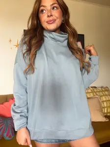 Women's Oversized Casual Cotton Alice Mock Neck Hoodie - Slate Blue, 1-Piece Sweatshirt with Pockets