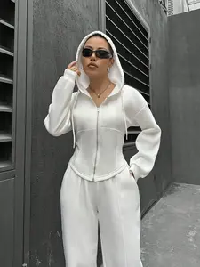 Women’s 2 Piece Drawstring Hooded Sweatshirt and Wide Leg Sweatpants Set, Casual All-Season Lounge Set, Slim Fit Zip-Up Hoodie & High Waist Joggers Co-ord, Aesthetic Streetwear Athleisure Outfit, White Gray Black, Trendy Fall Fashion 2026, Squat Proof