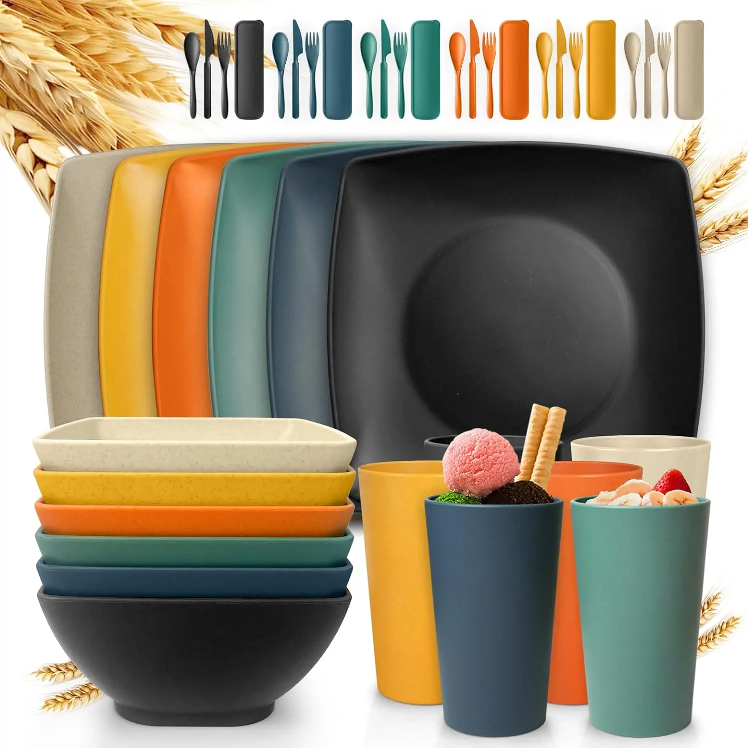18-Piece Wheat Straw Dinnerware Set for 6 – Unbreakable Plates, Bowls, Tumblers, & Cutlery – Eco-Friendly Kitchen Tableware Multicolor Kitchenware Containers
