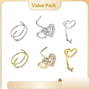 Adjustable Surgical Steel Heart Shaped Nose Stud - L Shape Double Ring Nose Ring, 3pcs Multi-purpose Set for Women & Men, The Perfect Everyday Jewelry Gift
