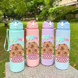 1 Pc Kapibala cute cartoon-style plastic water bottle, 750ml/25.4oz, cartoon animal pattern design, solid color sports water bottle, with straw, convenient handle strap, sturdy material, perfect birthday gift or Valentine's Day gift.