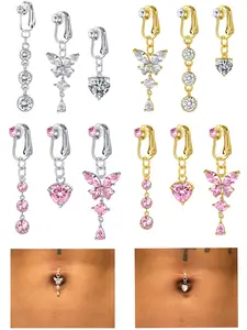 Fake Belly Rings Clip-On Belly Button Rings, Surgical Steel Fake Belly Button Ring CZ Heart Butterfly Dangle, Non-Piercing Faux Belly Piercing Jewelry, Body Piercing Jewelry