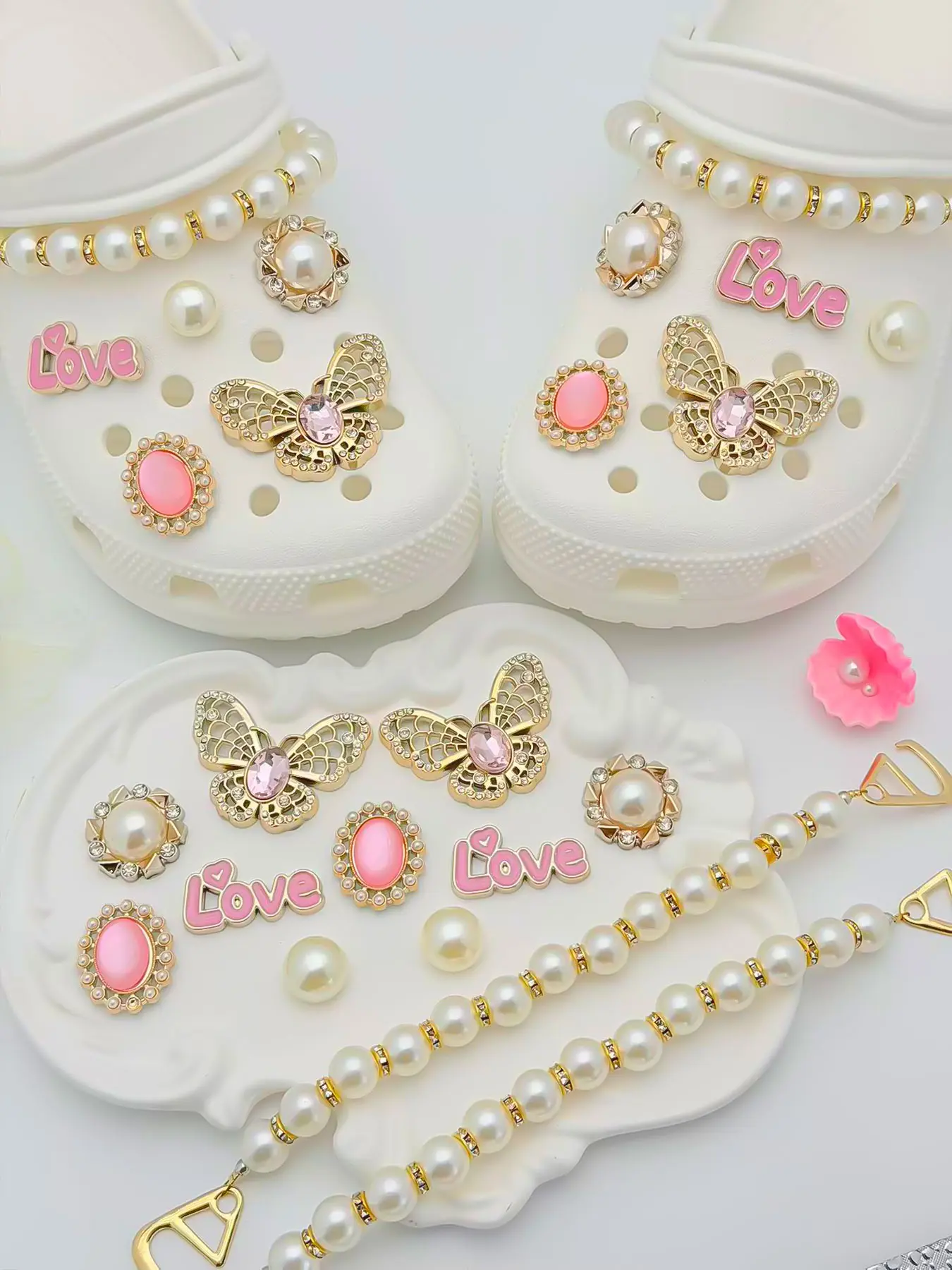 12-Piece Pearl Luxurious Clog Shoe Charm Set, Shoe Charms Set, Butterfly Decor, Shoe Decoration, Love & Pearl Chain Footwear Accessories for Trendy Clogs, Cute Shoe Decorations, Clog Shoe Decorations