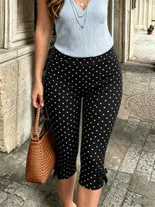 1 Pack Women's Polka Dot Capri Leggings, High Waisted Bow Knot Decor Cropped Pants, 2026 TikTok Hot Y2K Retro Summer Slim Fit Pants,Daily, Beach, Vacation, Casual Outings, Slimming High Waist Design，Trendy Streetwear, Bottom, Womenswear, Style