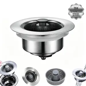 3 in 1 Kitchen Sink Drain Strainer Bouncing Core Plug, Stainless Steel Anti-Clog Odor Filter Leak-Proof Basket, Rebound Design for Sink Bathtub Washable Drain Stopper