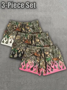 Men's Camouflage Flame Print Shorts 3-Piece Set, American Street Y2K Retro Graphic Shorts, Trendy Loose-Fit Casual Pants